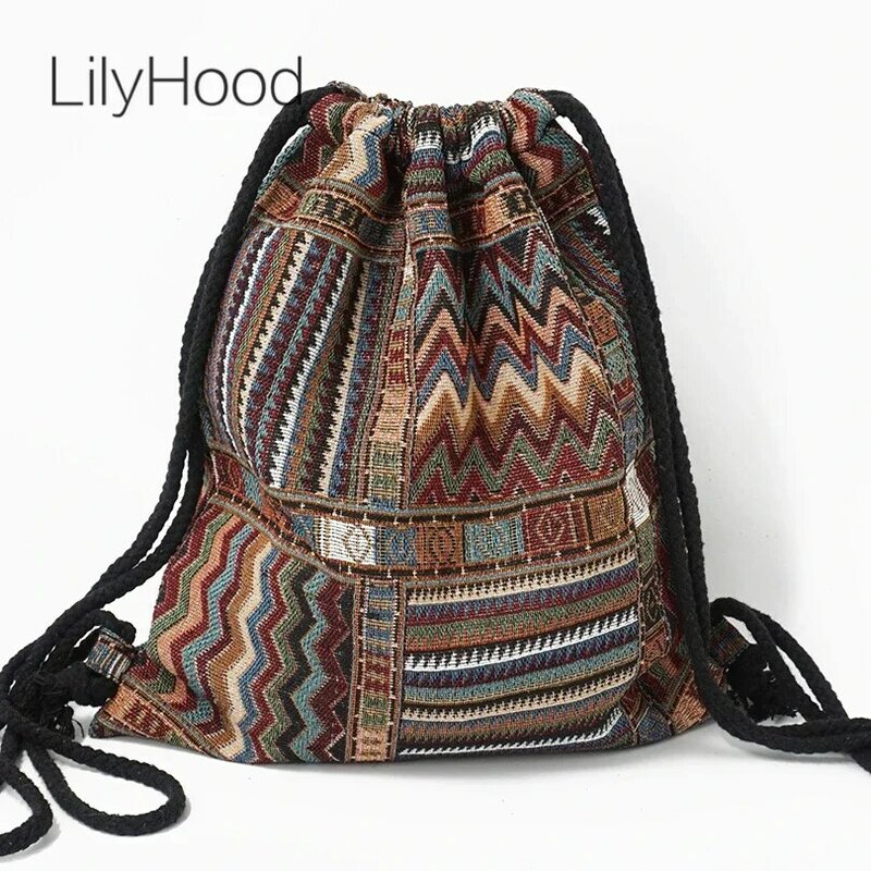 2024 Women Fabric Backpack Female Gypsy Bohemian Boho Chic Aztec Ibiza Tribal Ethnic Cottage Soft Brown Drawstring Rucksack Bags