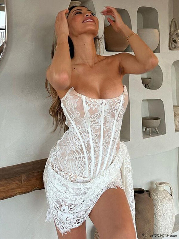 White Lace Strapless Sexy Dress For Women 2023 Robes Elegant Evening Party Dress Bodycon Mini Summer Dress Vestidos