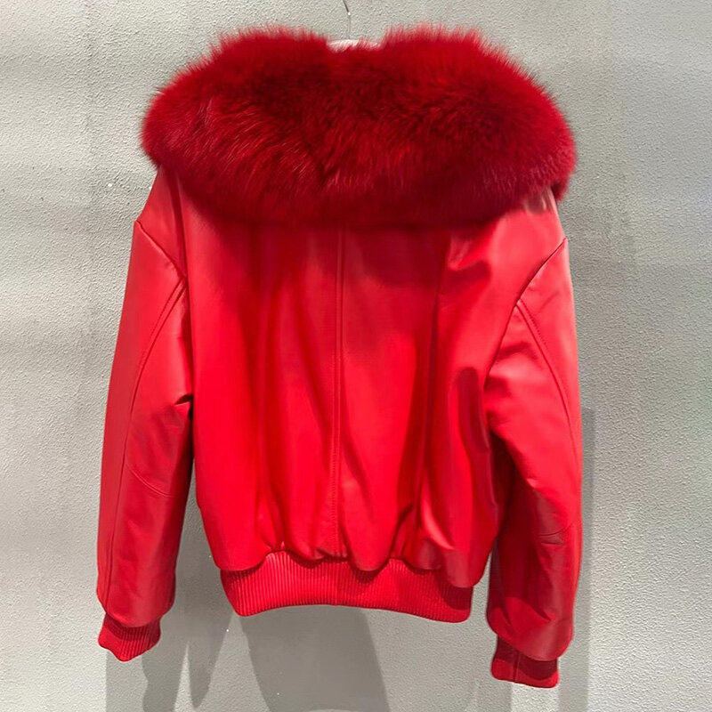 2022หนังใหม่สำหรับผู้หญิงแจ็คเก็ตของแท้ Sheepskin Coat Fox Fur Collar แขนยาวซิปแฟชั่นฤดูใบไม้ร่วงฤดูหนาว Outwear GT5076