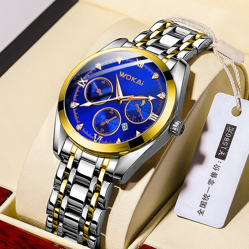 Luksusowy kalendarz wodoodporny zegarek pasek stalowy męski zegarek kwarcowy
