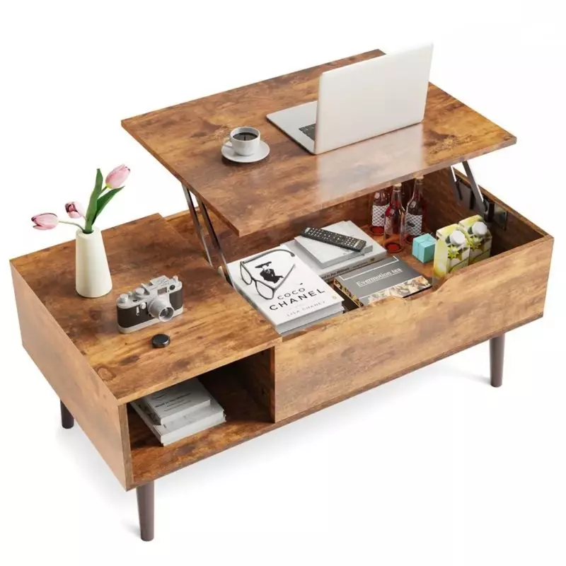 Mesa de centro de escritorio elevada, mesa de comedor de madera con estante de almacenamiento y compartimentos ocultos