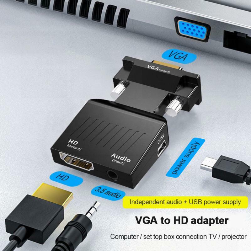 HDMI compatível com conversor VGA com cabo de áudio de 3,5mm, PS4, PC, laptop, TV, monitor, projetor, 1080p, HD, fêmea para adaptador VGA macho