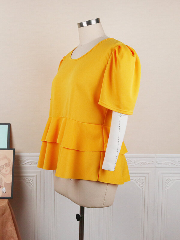 Lanterna feminina manga curta babados tops, blusas de escritório feminino, amarelo, roxo, camisas da moda africana, verão, plus size, 4XL, 2023