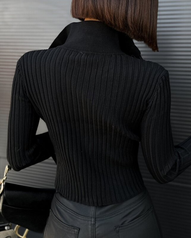 Cardigã feminino de malha com zíper e design de bolso, suéteres com gola polo, jaqueta que combina com tudo, outono e inverno, 2023