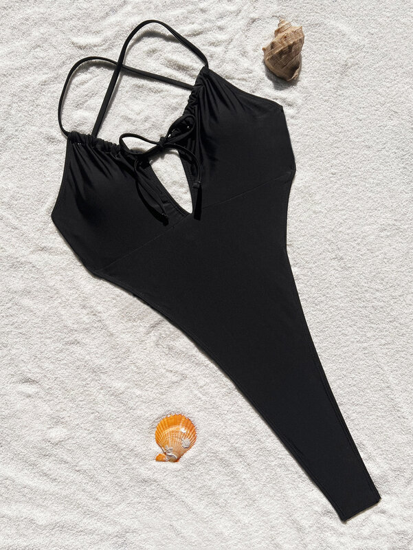 Sexy solide schwarze Kordel zug Bandage rücken freien Badeanzug einteilige Bikini Tanga Bade bekleidung Bodys Frauen Biquini Badeanzüge