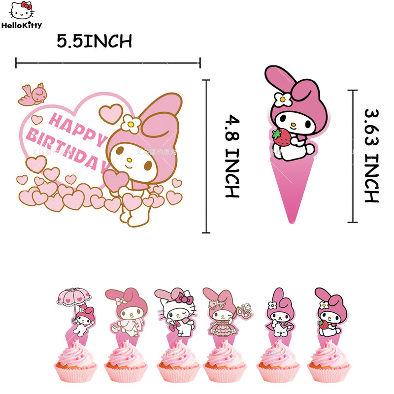 Kwaii Sanrio Melody Theme Birthday Party Balloon Set, Y2K Girls Party Banner Flag Cake Inserts, Invite Card Decoration Supplies
