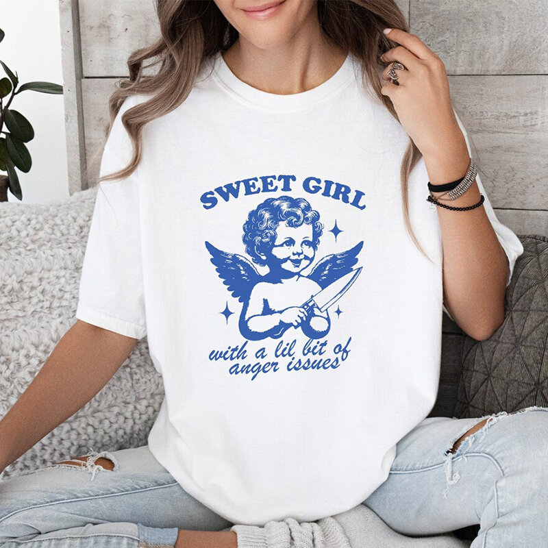 Camiseta solta de algodão O pescoço das mulheres, menina doce com um pouco de raiva, T gráfico engraçado, roupas Kawaii anjo