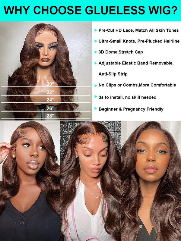 Pelucas frontales de encaje HD para mujer, cabello humano 250% marrón Chocolate, ondulado, 13x4, 13x6, sin pegamento, listo para usar, 7x5, precortadas
