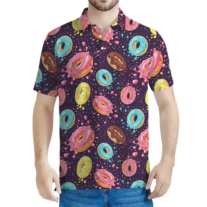 Kolorowa koszulka polo z grafiką Donut Mężczyźni 3d Nadrukowane przekąski Koszulki Kobiety Luźne guziki Krótki rękaw Casualowe koszulki polo z klapami Topy