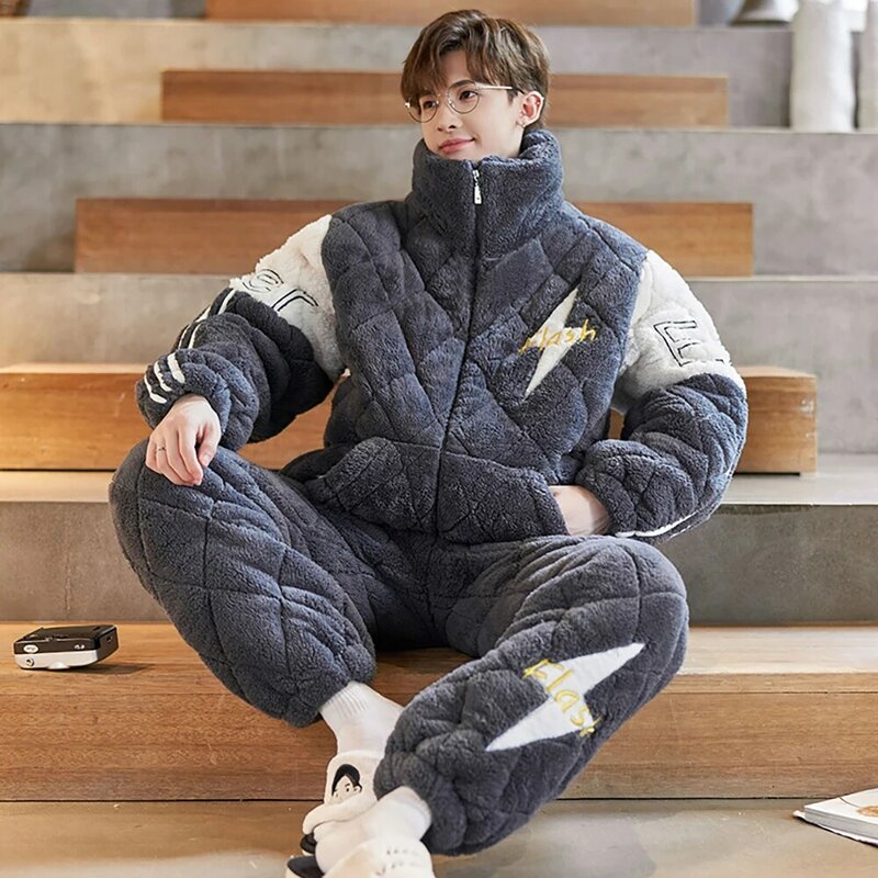 Piyama pria musim dingin gaya Korea, 3 lapisan Super tebal bulu karang mewah hangat baju tidur mode kotak-kotak ritsleting piyama berkerudung