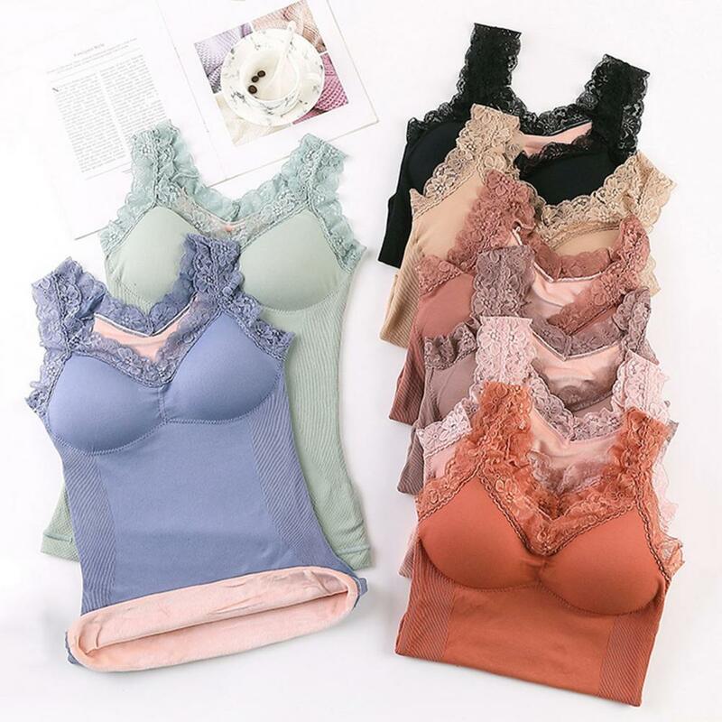 Elastic Bottoming Top Cozy Chic Women's Winter Vests Padded Plush Lace-trimmed Sleeveless Tops with Wireless Elastic Warmth