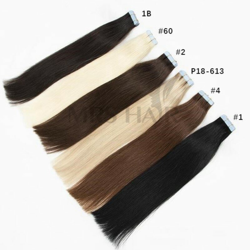MRSHAIR Tape in Hair Extensions Human Hair Silky Straight Skin Weft Adhesive Tape on Hair Thick End 12-24 Inch Tape Ins 20PCS