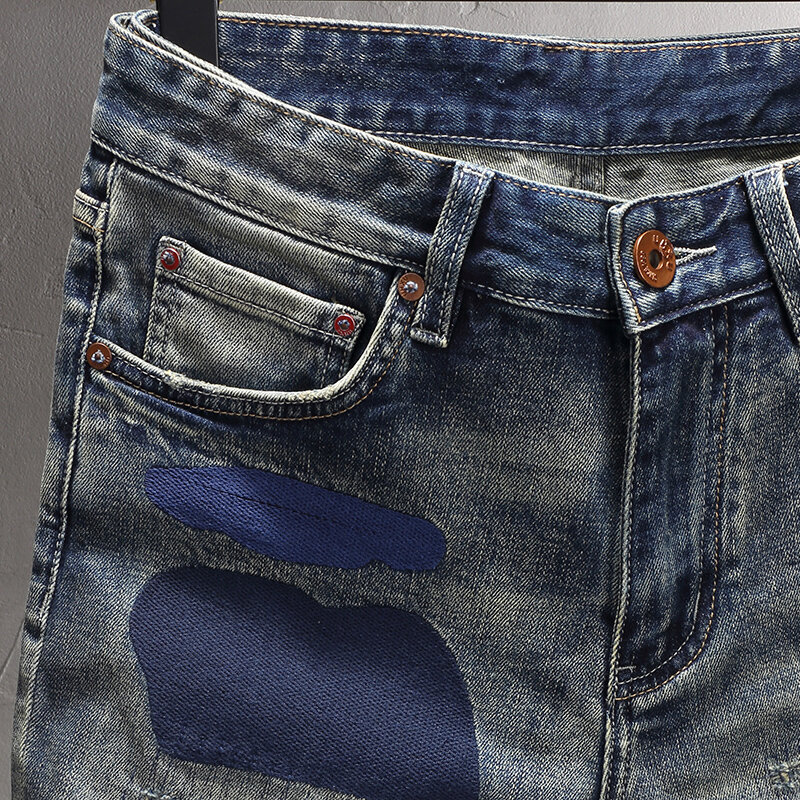 Sommer Street Fashion Männer Jeans Retro gewaschen blau elastisch zerrissen kurze Jeans Stickerei Patch Designer Hip Hop Denim Shorts Männer