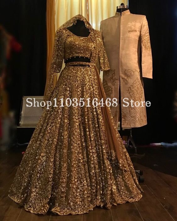 Luxury Gold Indian Wedding Dress with Veil Cover Gilt Lace Inlaid Sequins Short Sleeve Two Piece Wedding Dress robe de mariée