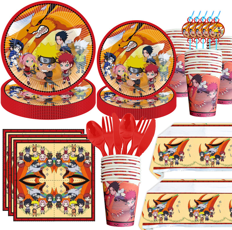 Uzumaki Narutoed dekorasi pesta ulang tahun Ninja, Set balon lateks bendera ulang tahun Dekorasi peralatan makan sekali pakai