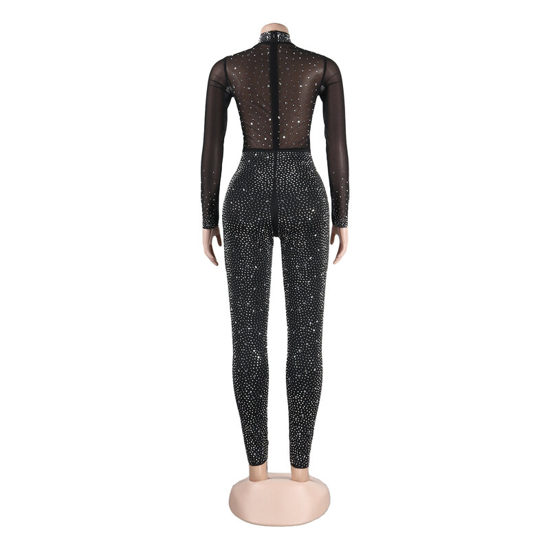 Sexy Party Jumpsuits Women 2023 Autumn Solid Mesh Diamond Fashion Long Sleeve Pants Jumpsuit Clubwear Female Overalls Streetwear