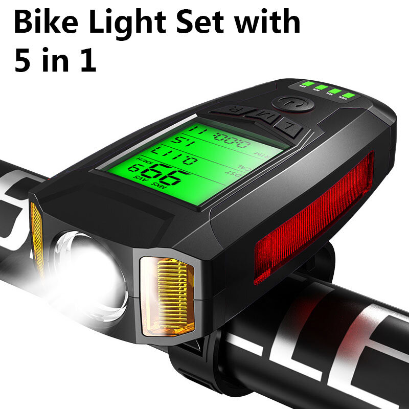 Luz bicicleta velocímetro luz da frente da bicicleta farol mtb computador lanterna ip4x 130db chifre alarme sino acessórios da bicicleta