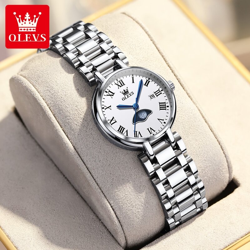 Montre-bracelet à quartz en acier inoxydable pour femme, marque de luxe, date de phase lunaire, 30m d'eau, cadeau d'horloge pour femme