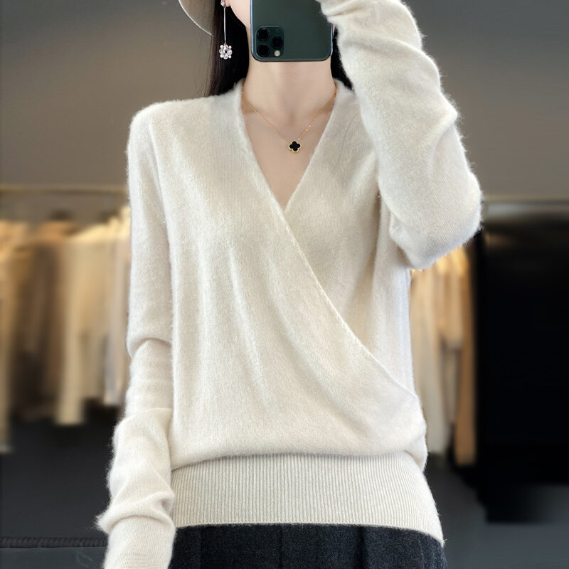 Camisa de fondo de punto de lana pura 100% con cuello en V cruzado de alta gama, suéter de cachemira suelto y delgado, top en otoño e invierno
