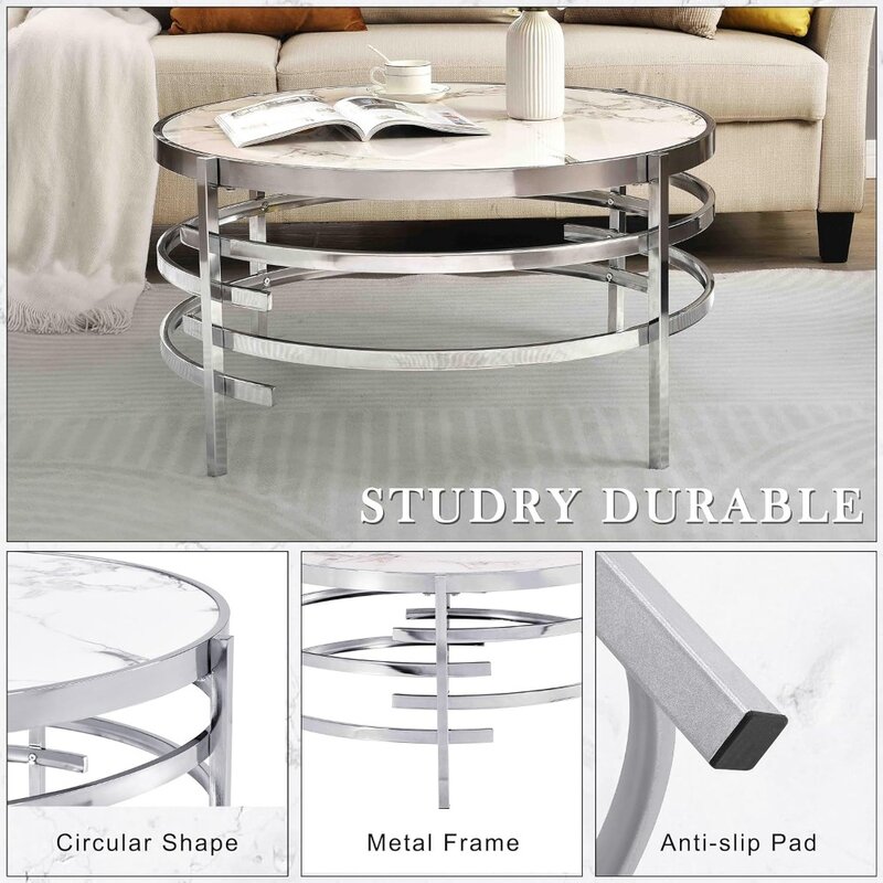 Coffee Table -32 "Artificial Marble Round Center Table Stone Metal Silver Coffee Table