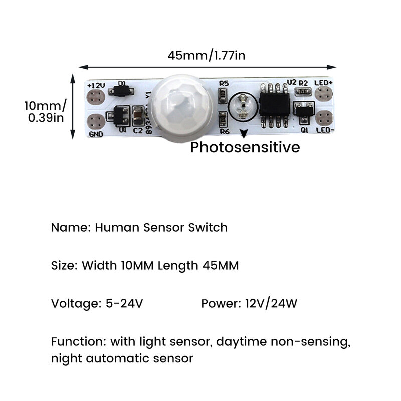 Infravermelho módulo de indução do corpo humano, LED Lâmpada Gabinete, interruptor do sensor do corpo humano, Light Sensing, DC 5-24V, 3A