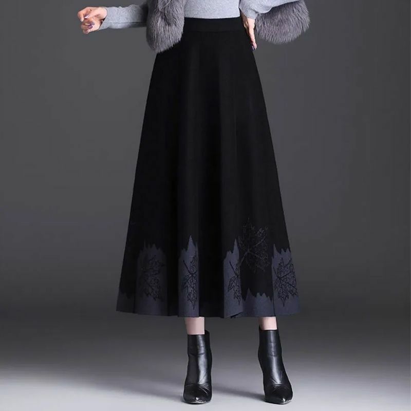 Women Maple Leaf Flower Office Lady Embroidered Knitted Skirt Autumn Winter Long Slim A-line Skir Large Hem Women's Clothing