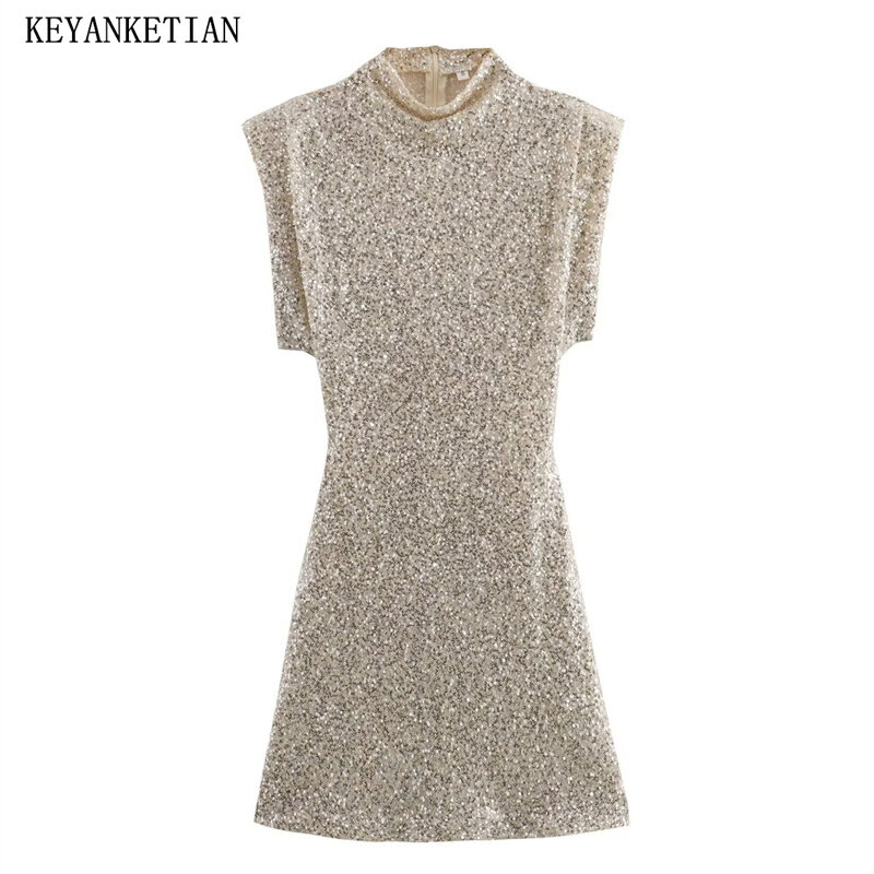 Keyanketian-فستان صغير نسائي مزين بالترتر ، نحيل ، وسادات كتف ، لامعة ، شبكة ، فستان رسمي ، أنيق ، فاخر ، إطلاق جديد ،
