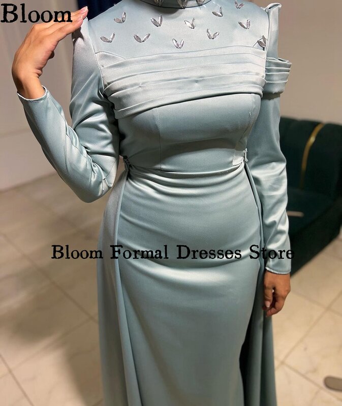 Bloom High Collar Long Sleeves Prom Dresses Ruched Crystal Beads Muslim Women Formal Evening Dresses Wedding Party Gown Vestidos