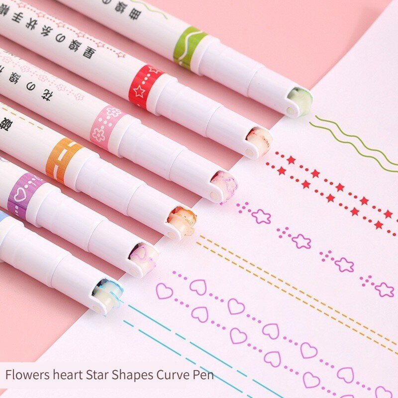 Rotuladores con forma de línea de flores Kawaii, punta de rodillo, delineador curvo, marcador para escritura, diario, dibujo, papelería, 6 piezas por juego