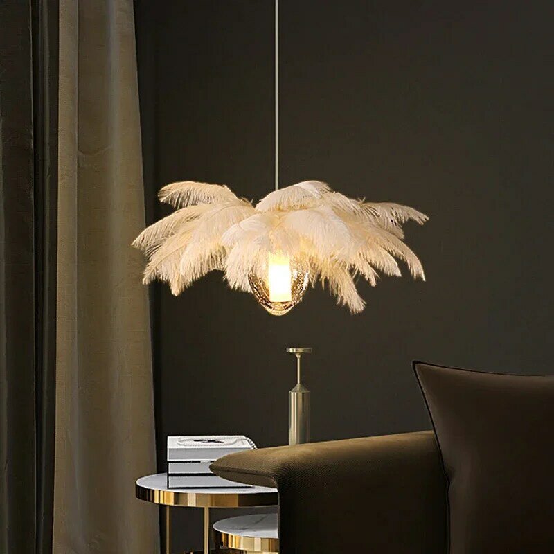 โคมไฟระย้าขนนกขนนกขนนกสีสันสดใสโคมระย้าติดเพดาน LED ห้องรับแขกห้องนอนสำหรับแต่งตัวโคมไฟแขวนเพดาน