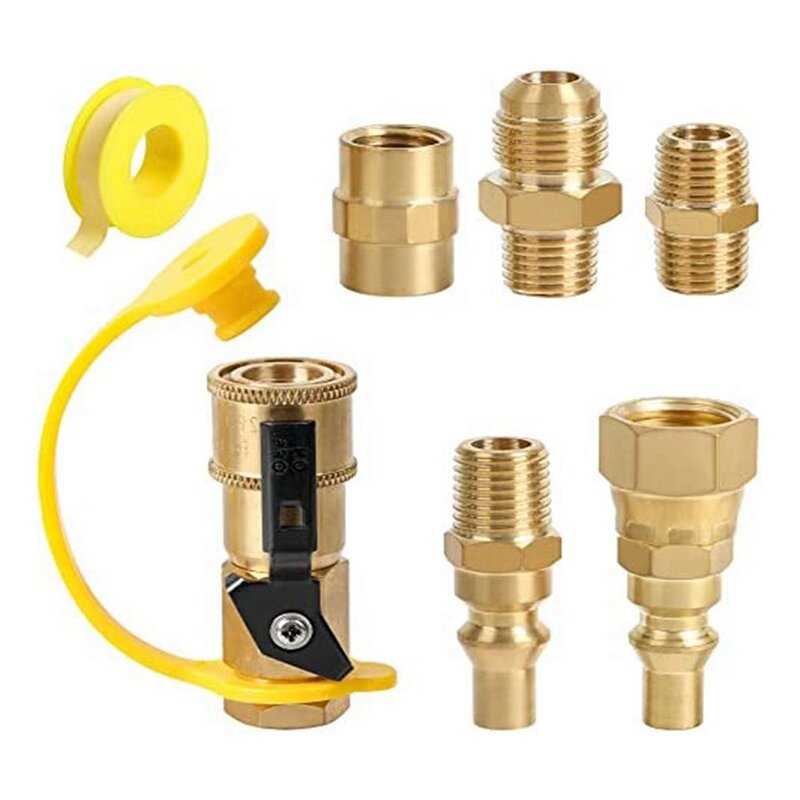 RV Propane Quick Connection Adapter Brass 1/4 Inch Male NPT Full Flow Plug & 3/8 Inch Male Flare Quick Kit
