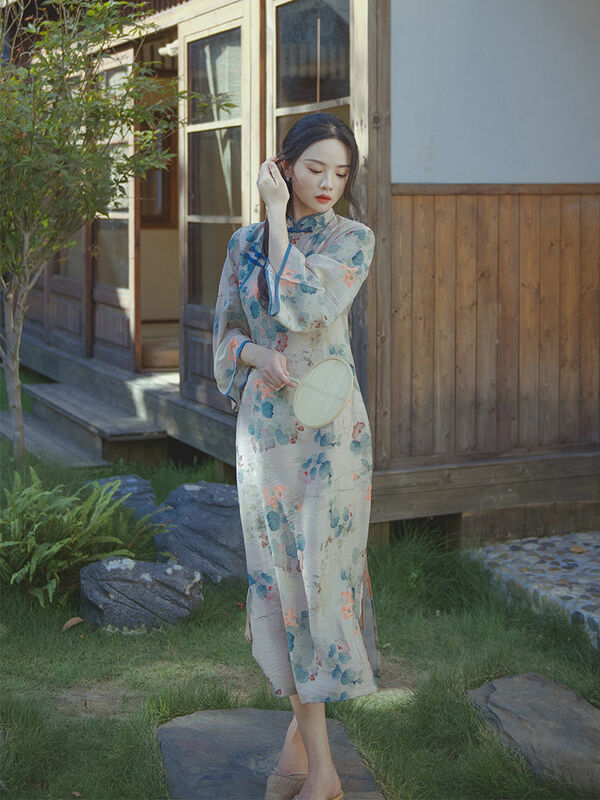 Gaun Qipao gaya Tiongkok, Hanfu peningkatan gaya Perancis Cheongsam wanita Retro tradisional Oriental anggun bunga