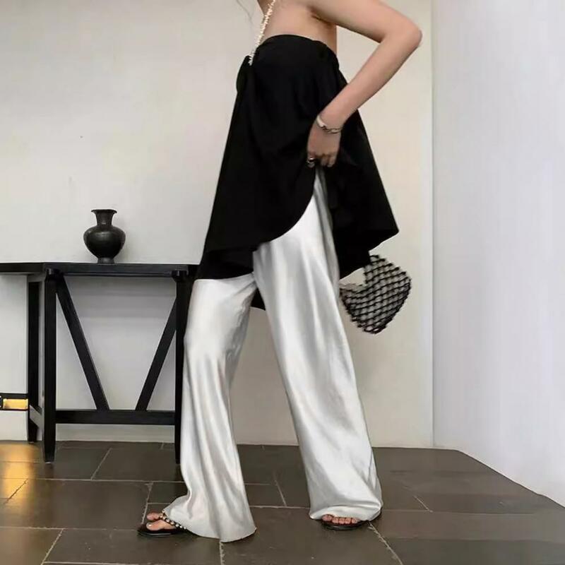 Celana panjang kaki lebar Satin elegan untuk wanita, celana panjang kaki lebar kasual dengan desain ringan panjang lantai pinggang elastis