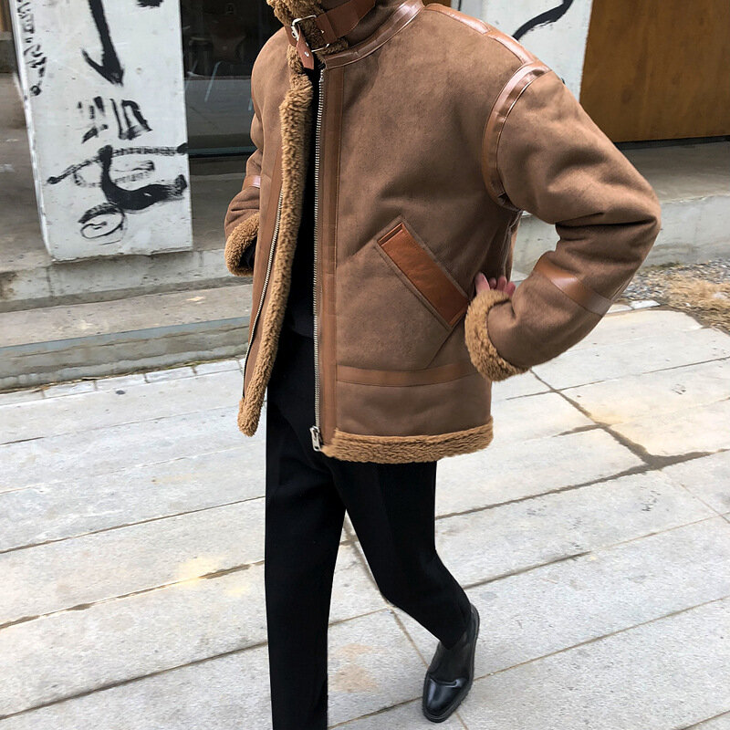 Jaqueta de algodão de tendência de inverno, jaqueta de cashmere de cordeiro, jaqueta de pelúcia, jaqueta de motocicleta bonito coreano de camurça masculina