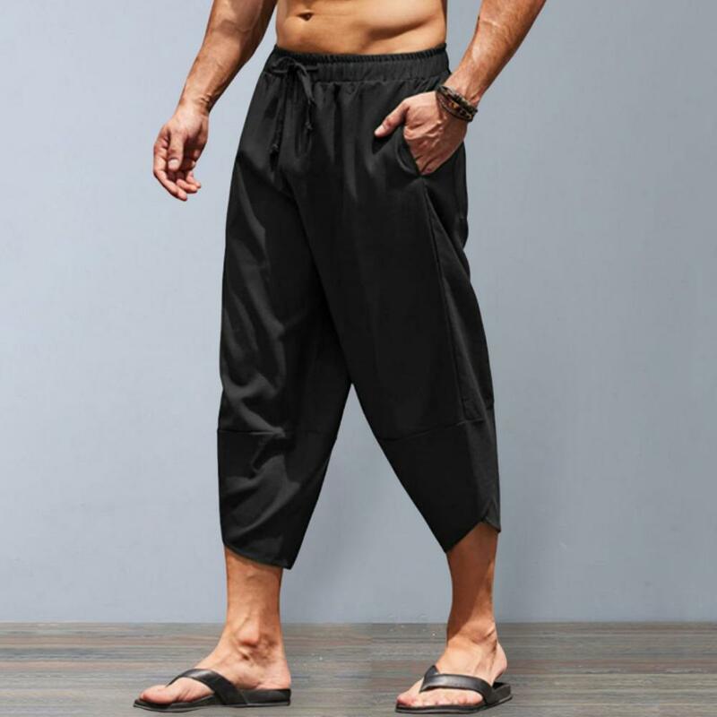Calça de linho de algodão respirável monocromática masculina, calça casual com perna larga e harém cortada, cintura elástica