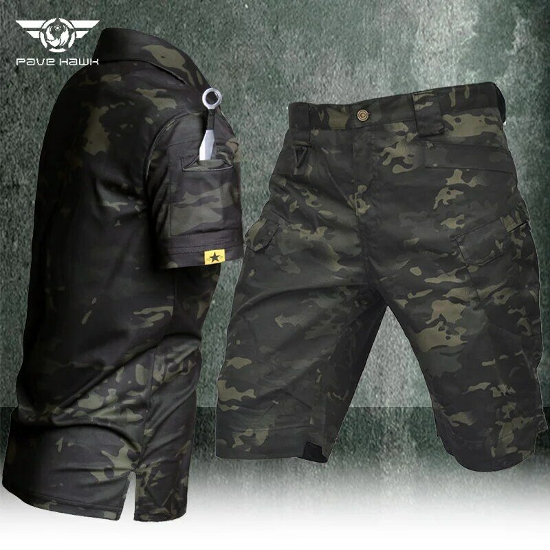 Men's Summer Tactical Sets Quick-drying Breathable Lapel T-shirts Wear-resistant Multiple Pockets Cargo Shorts Casual Camo Suits