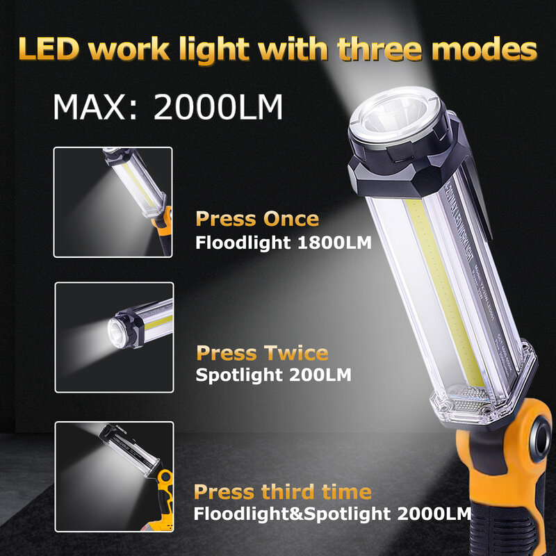 2000LM ไฟทำงาน LED 14.4V-18V สำหรับ DeWalt ไฟฉาย USB แบตเตอรี่ Li-ion LED แบบพกพาใหม่