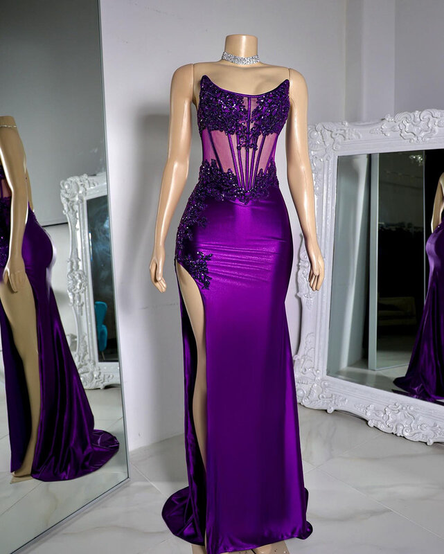 Gaun Prom ungu menakjubkan gaun pesta Satin manik anak perempuan hitam tanpa tali putri duyung untuk wanita pakaian ulang tahun putri duyung