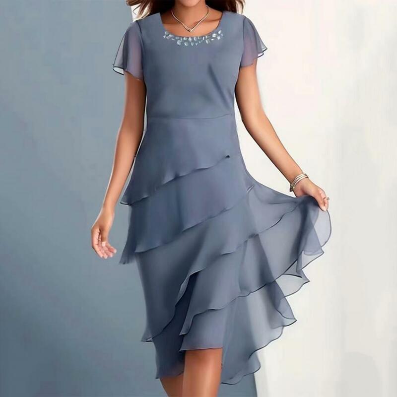 Ladies Chiffon Dress Elegant Chiffon Midi Dress for Women Solid Color Pleated Evening Party Dress with Short for Vacation
