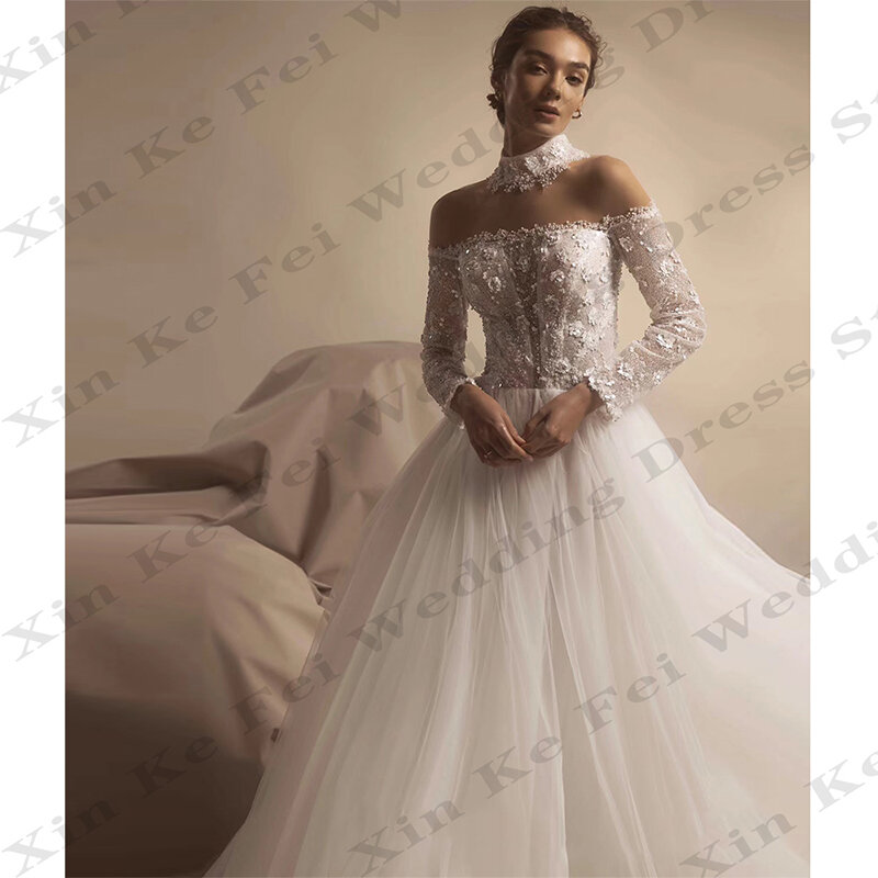 Luxury Women's Bridal Gowns Tulle Lace Applique Long Sleeve A-Line Princess Prom Wedding Dresses Formal Beach Party Retro Robe