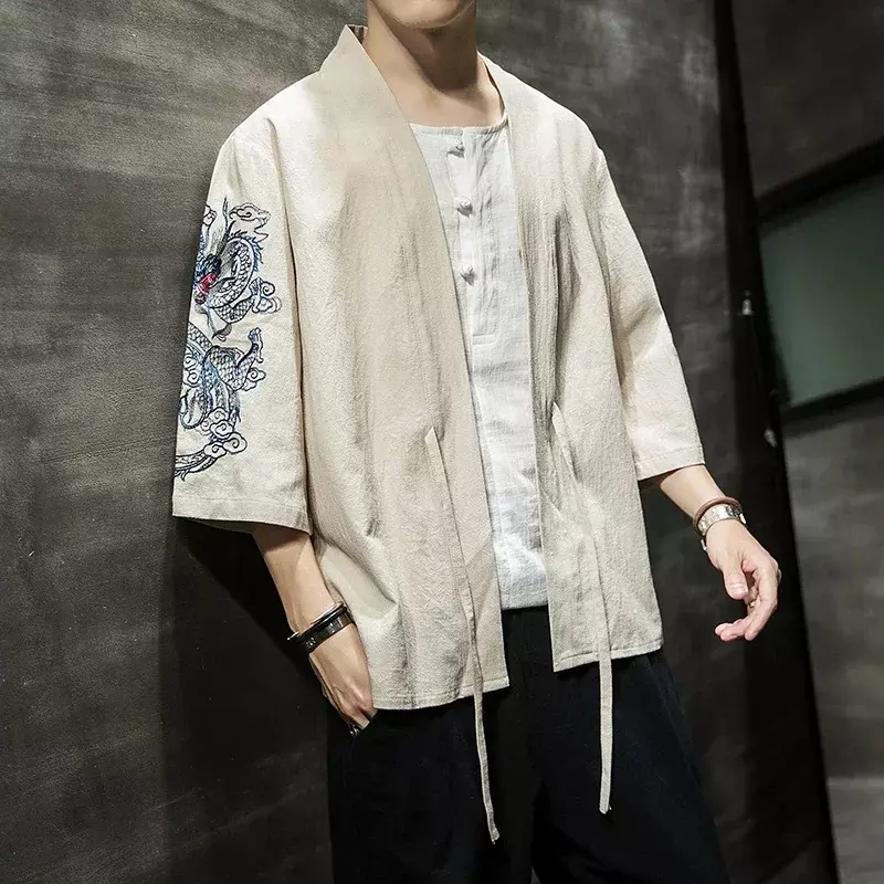 2022 Mode Kostum Bordir Hanfu Pria Gaya Cina Jubah Jaket Kardigan Ukuran Besar Kimono 5XL Mantel Kuno Pria