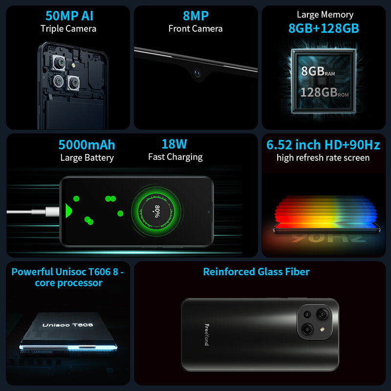 FreeYond M5 Тройная камера, 8 ГБ, 128 ГБ, 50MP AI Тройная камера, 90 Гц IPS экран, 5000 мАч, 18 Вт быстрая зарядка, Android