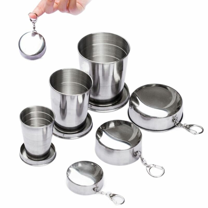 150/250ML Stainless Steel Folding Cup Camping Cookware Folded Portable Teacups Keychain Telescopic Retractable Cup Outdoor