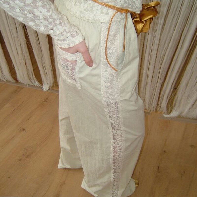 Deeptown Lace Patchwork White Wide Legs Pants Women Elastic High Waist Oversized Trousers Harajuku Korean Fashion Casual Vintage