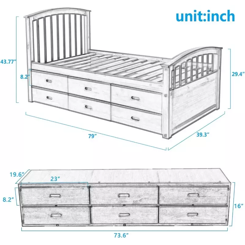 Moldura cama de madeira maciça infantil, Twin Size Plataforma, armazenamento, 6 gavetas