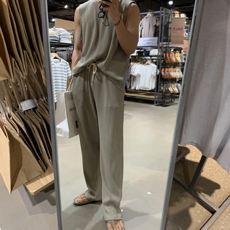 2pcs Men's Casual Tank Tops Set Luxury Korean Streetwear O Neck Solid Drape Vest+ Casual Trousers 2 Piece Suit Summer Clothing