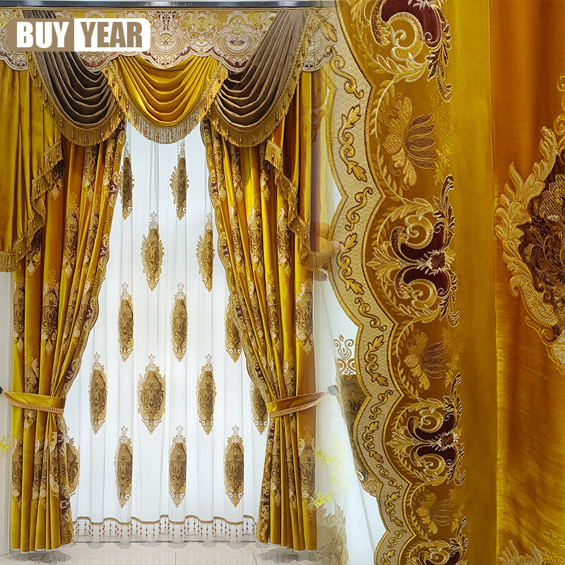 Cortinas de terciopelo dorado grueso europeo de lujo para sala de estar, comedor, dormitorio, cortina opaca bordada, cenefa de tul personalizada