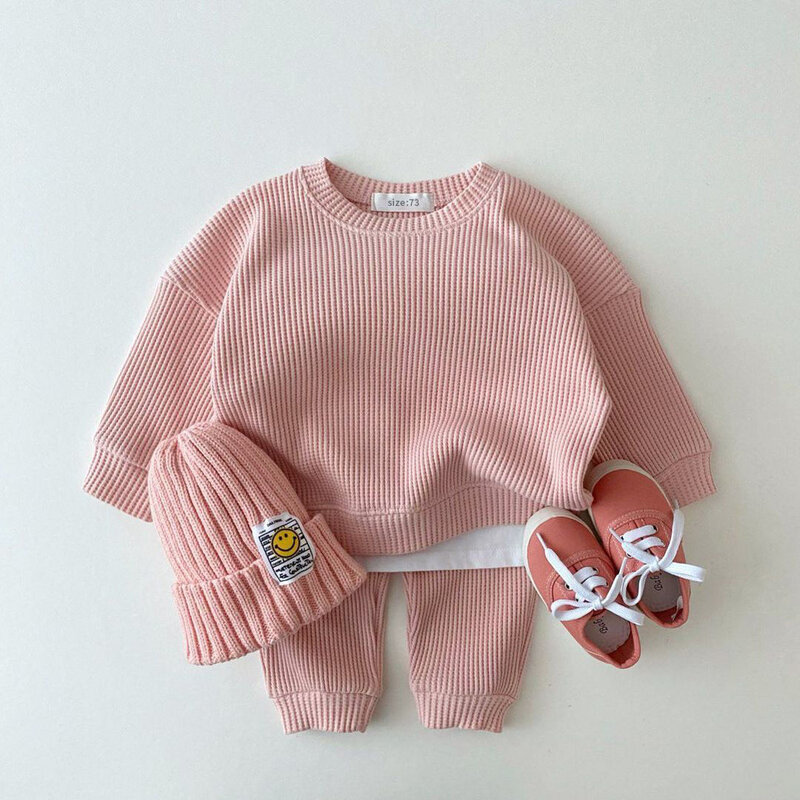 Conjuntos de roupas bebê coreano algodão waffle crianças meninos meninas roupas primavera outono solto agasalho pullovers + calças 2pcs conjuntos