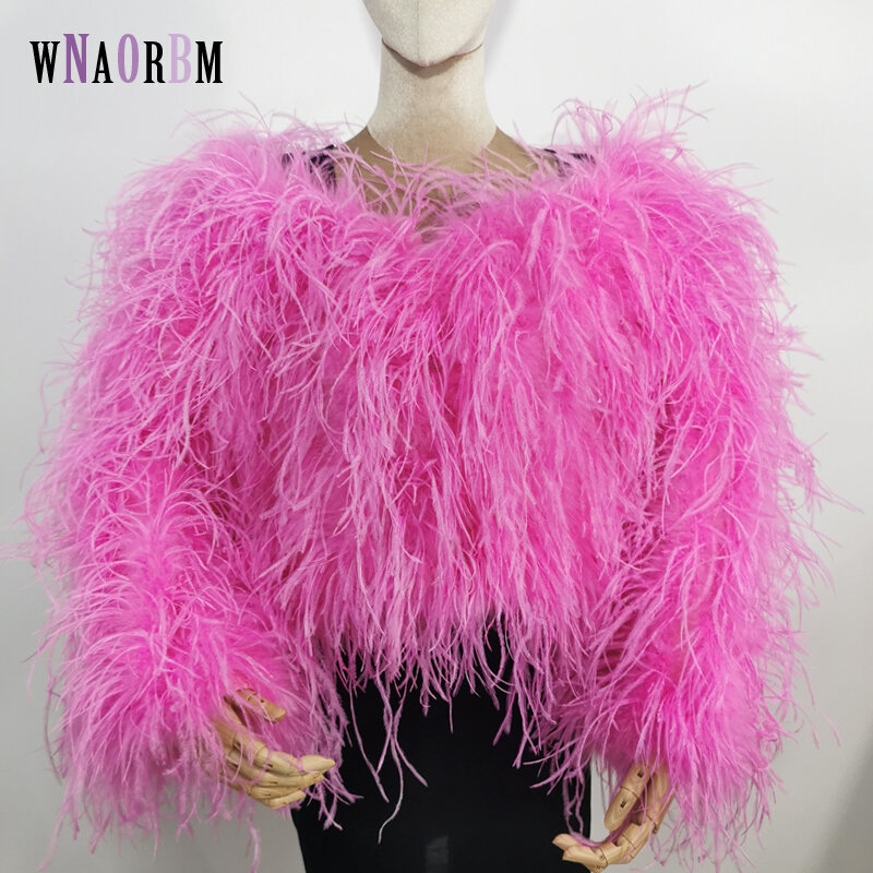 패션 섹시 100% 진짜 타조 깃털 보트 넥 디자인 여성용 오프 숄더 짧은 코트, 길이 40 cm, 파티 진짜 모피 코트 재킷