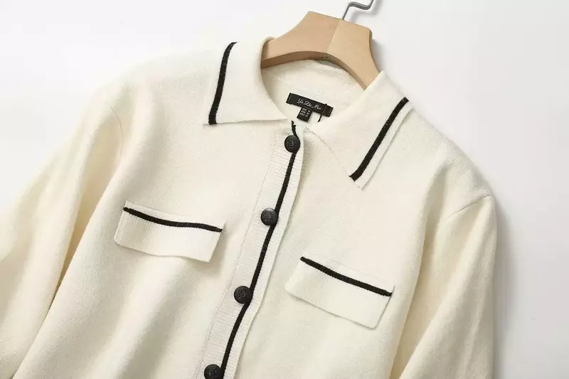 Donna autunno 2023 nuova moda squisita maglione Cardigan lavorato a maglia con bottoni Retro risvolto manica corta Cardigan Chic Top.